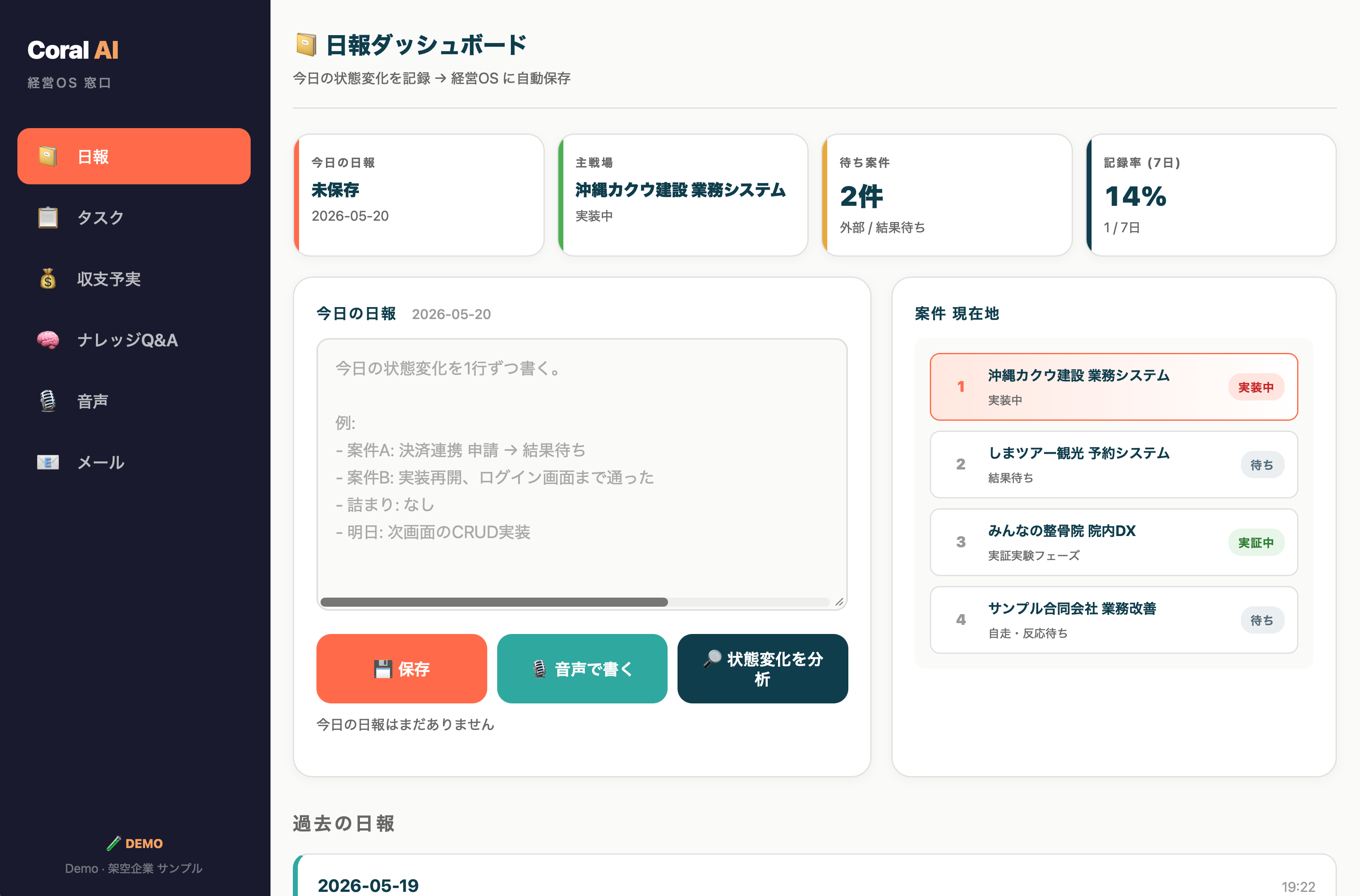 Coral AI 経営OS窓口の画面例（デモデータ）