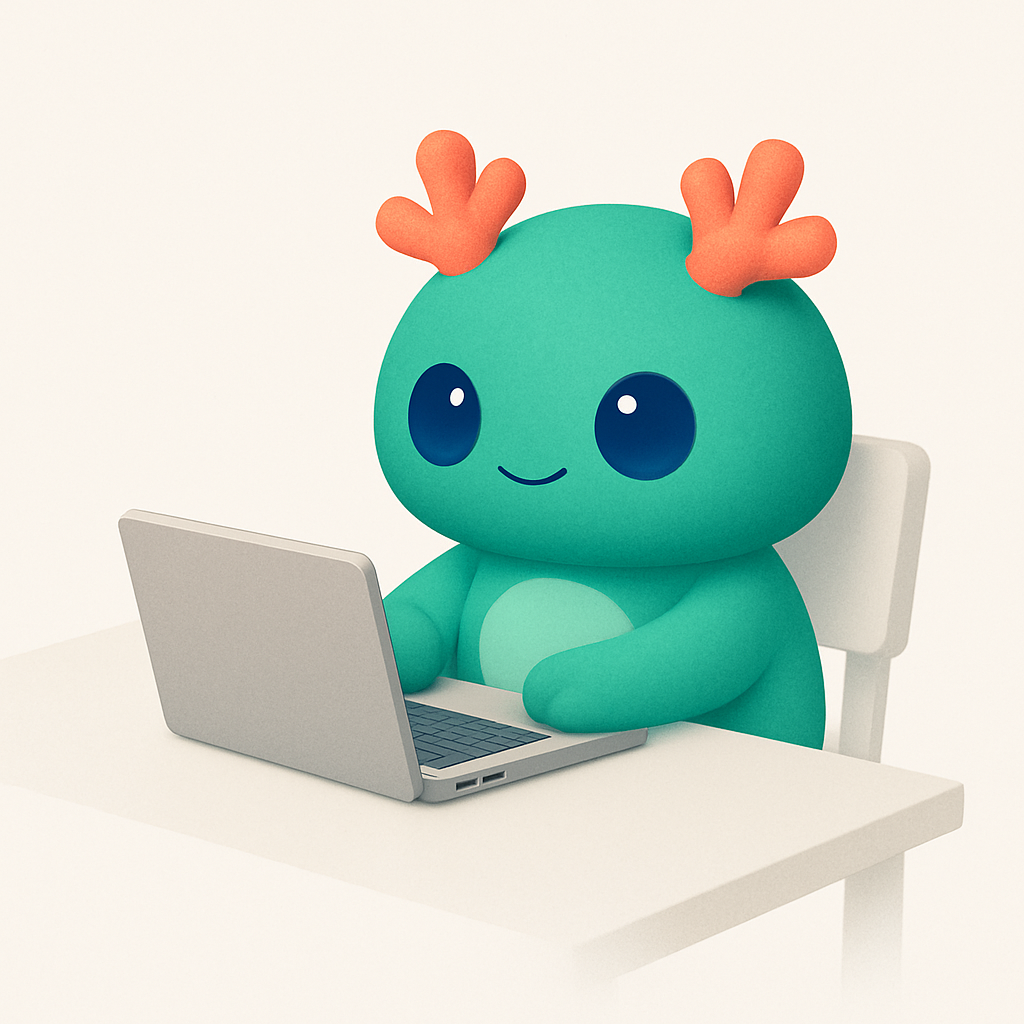 ケンティーくん — 椅子に座ってノートPCで作業